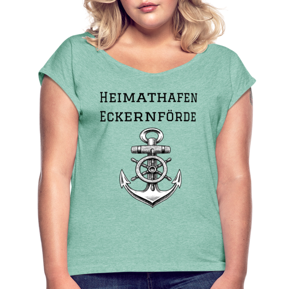 Frauen T-Shirt mit gerollten Ärmeln - Heimathafen Eckernförde - Minze meliert