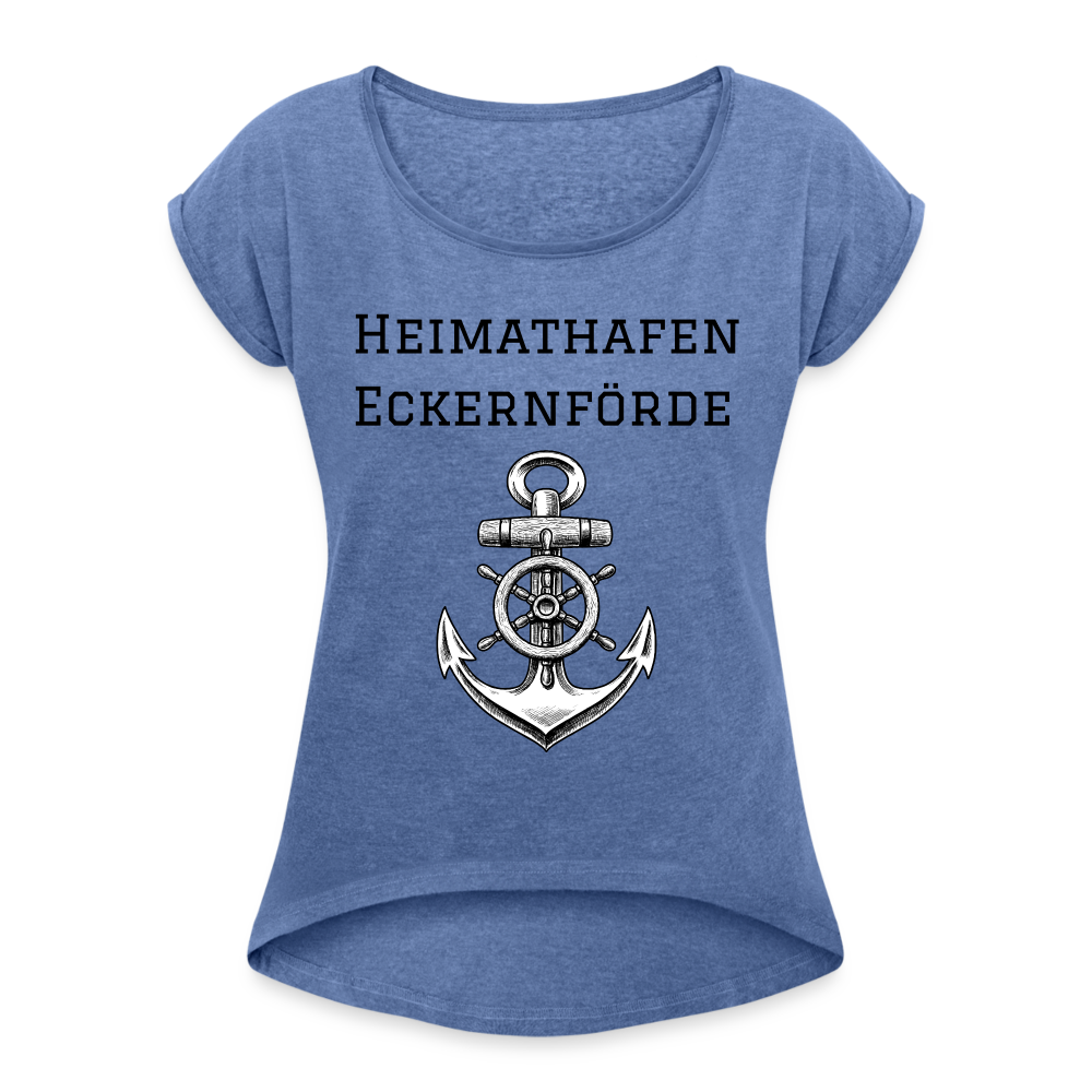 Frauen T-Shirt mit gerollten Ärmeln - Heimathafen Eckernförde - Denim meliert