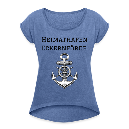 Frauen T-Shirt mit gerollten Ärmeln - Heimathafen Eckernförde - Denim meliert