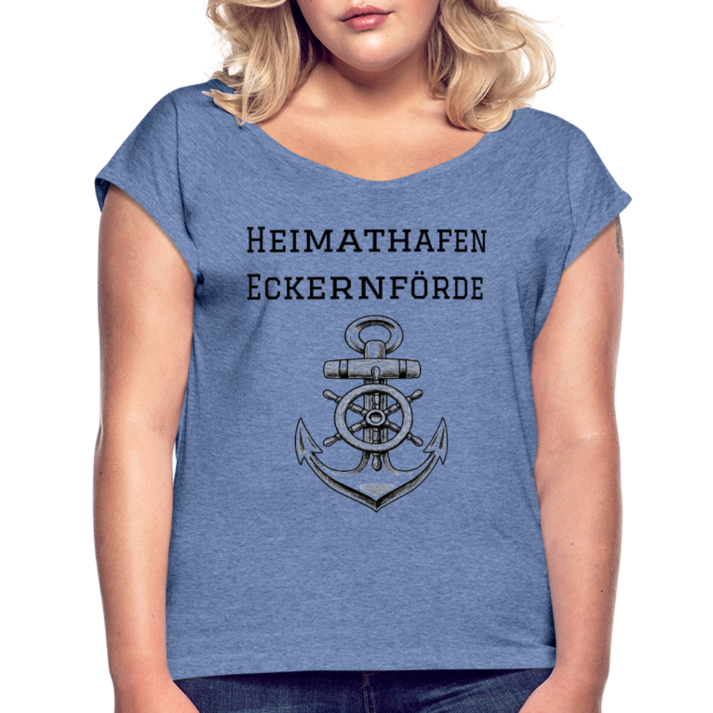 Frauen T-Shirt mit gerollten Ärmeln - Heimathafen Eckernförde - Denim meliert