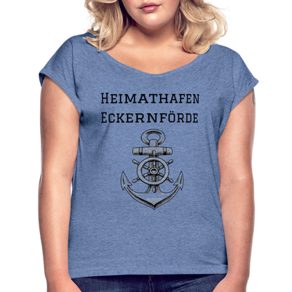 Frauen T-Shirt mit gerollten Ärmeln - Heimathafen Eckernförde - Denim meliert