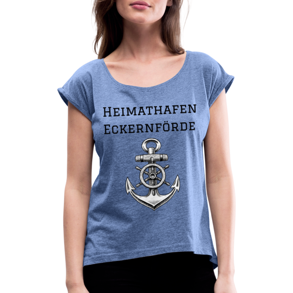 Frauen T-Shirt mit gerollten Ärmeln - Heimathafen Eckernförde - Denim meliert