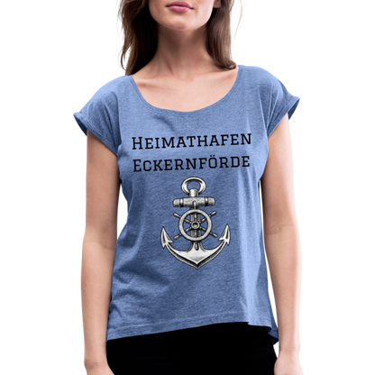 Frauen T-Shirt mit gerollten Ärmeln - Heimathafen Eckernförde - Denim meliert