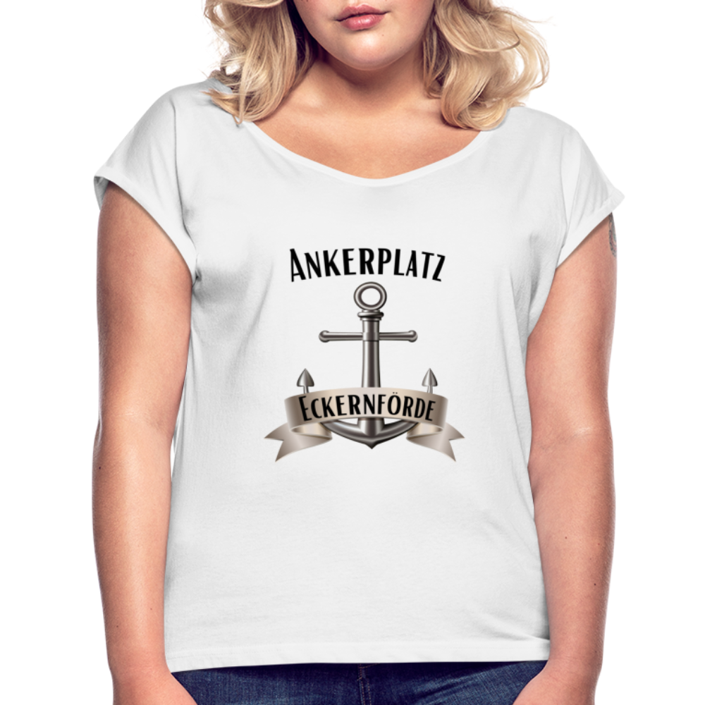 Frauen T-Shirt mit gerollten Ärmeln - Ankerplatz Eckernförde - weiß