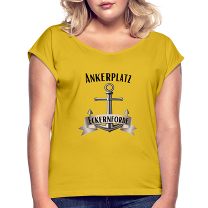 Frauen T-Shirt mit gerollten Ärmeln - Ankerplatz Eckernförde - Senfgelb