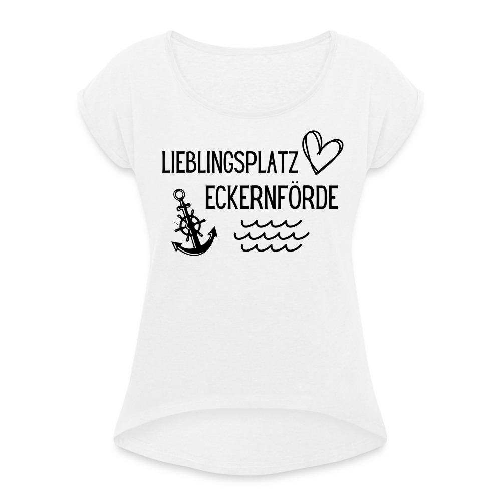 Frauen T-Shirt mit gerollten Ärmeln - Lieblingsplatz Eckernförde - weiß