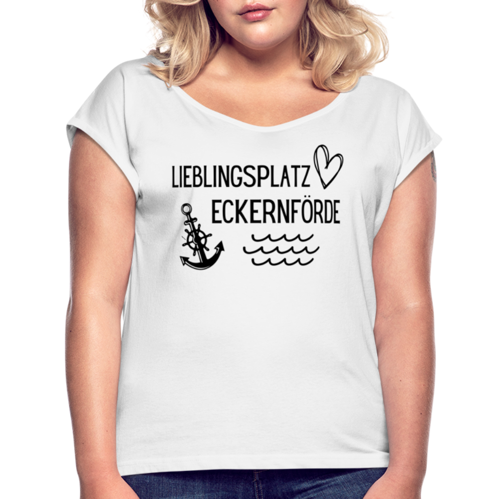 Frauen T-Shirt mit gerollten Ärmeln - Lieblingsplatz Eckernförde - weiß