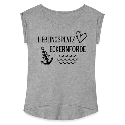 Frauen T-Shirt mit gerollten Ärmeln - Lieblingsplatz Eckernförde - Grau meliert