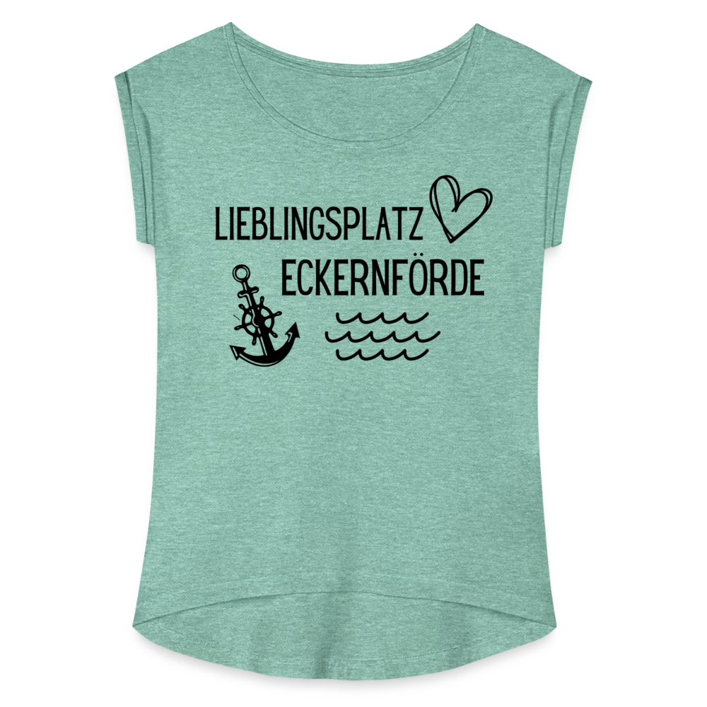 Frauen T-Shirt mit gerollten Ärmeln - Lieblingsplatz Eckernförde - Minze meliert