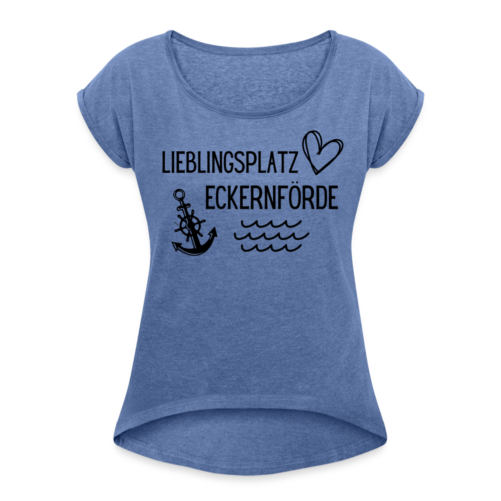 Frauen T-Shirt mit gerollten Ärmeln - Lieblingsplatz Eckernförde - Denim meliert