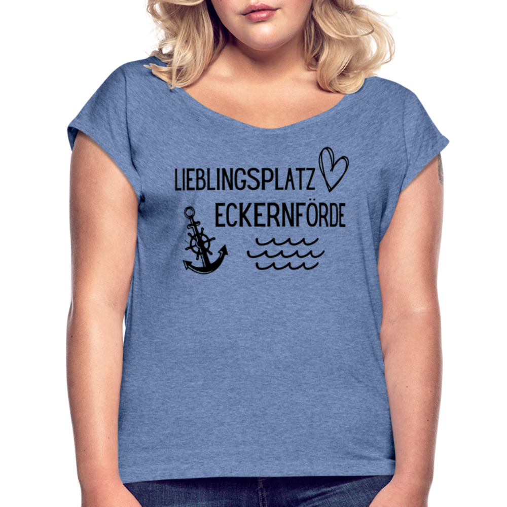 Frauen T-Shirt mit gerollten Ärmeln - Lieblingsplatz Eckernförde - Denim meliert