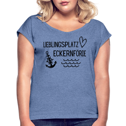 Frauen T-Shirt mit gerollten Ärmeln - Lieblingsplatz Eckernförde - Denim meliert