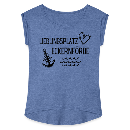 Frauen T-Shirt mit gerollten Ärmeln - Lieblingsplatz Eckernförde - Denim meliert