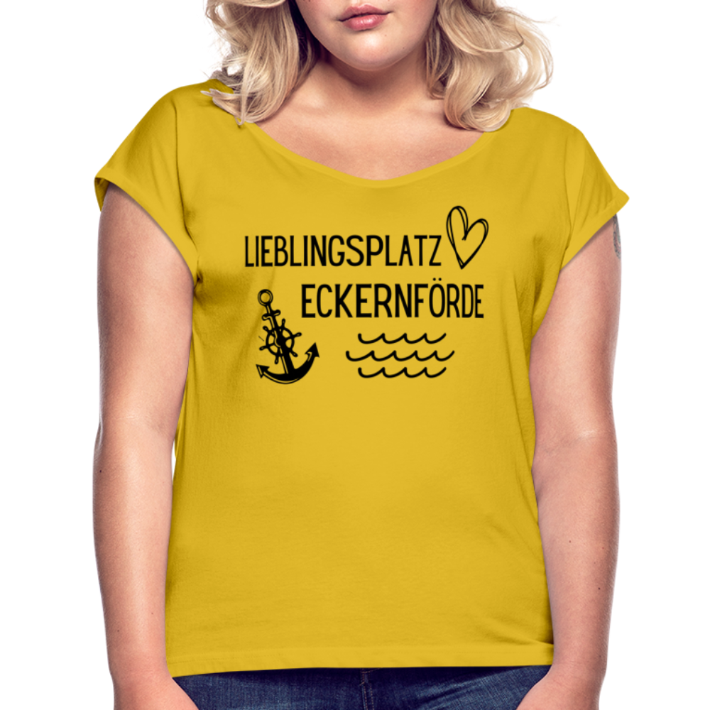 Frauen T-Shirt mit gerollten Ärmeln - Lieblingsplatz Eckernförde - Senfgelb