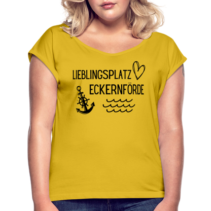 Frauen T-Shirt mit gerollten Ärmeln - Lieblingsplatz Eckernförde - Senfgelb