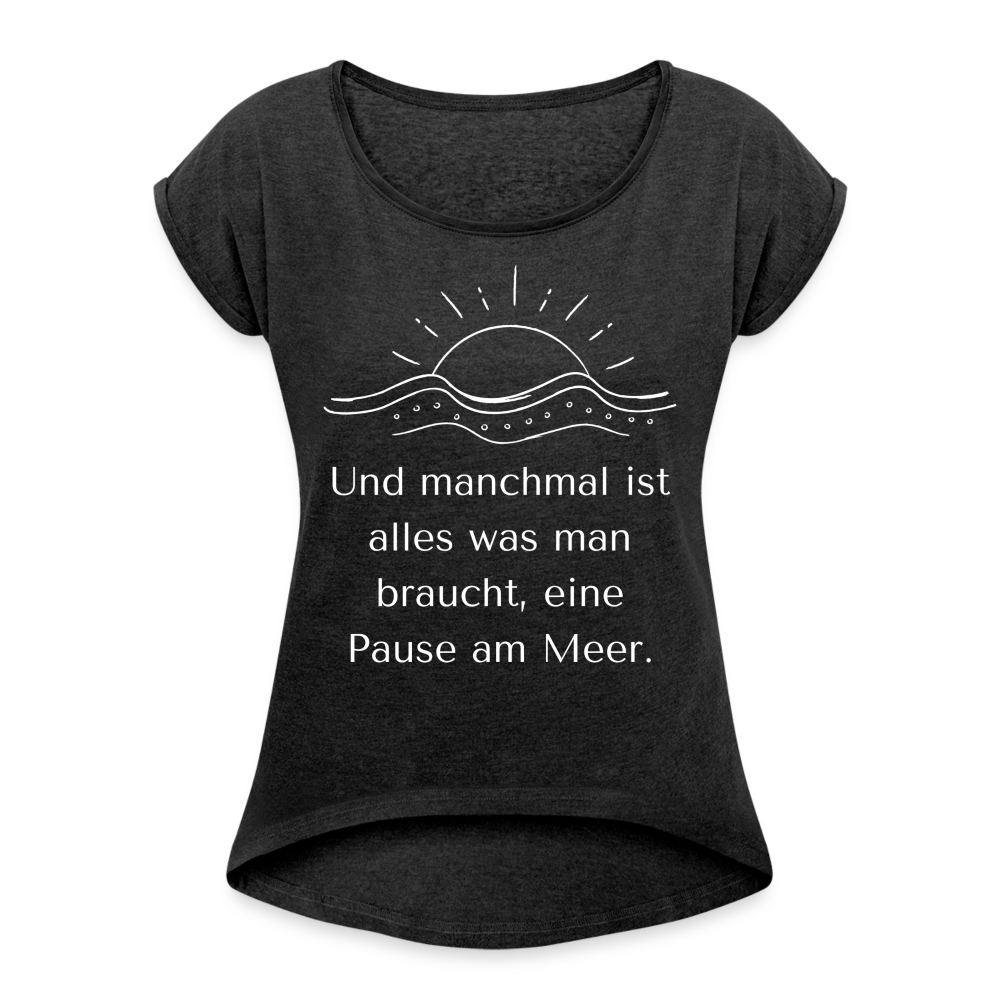 Frauen T-Shirt mit gerollten Ärmeln - Pause am Meer - Schwarz meliert