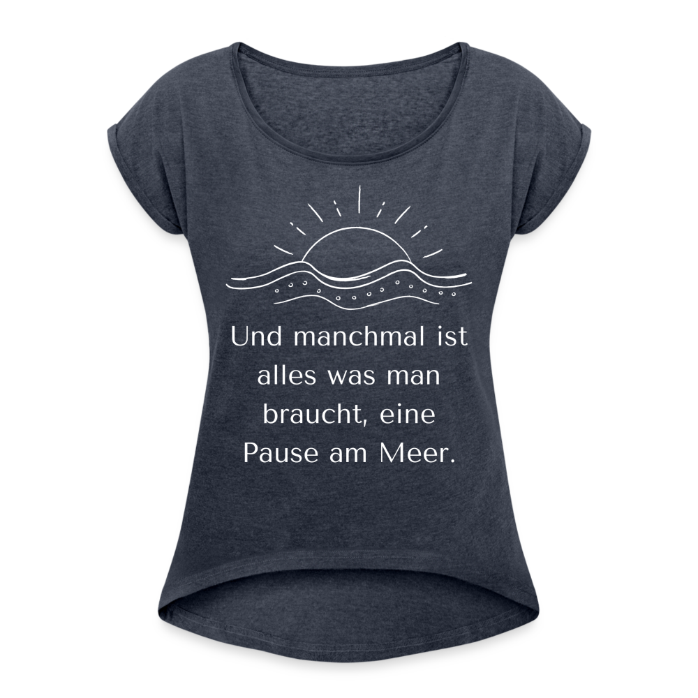 Frauen T-Shirt mit gerollten Ärmeln - Pause am Meer - Navy meliert