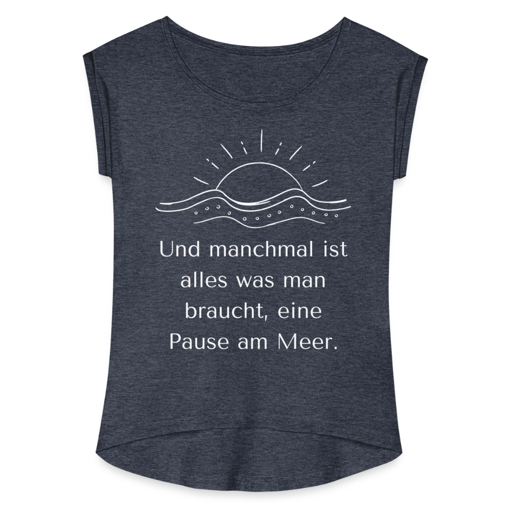 Frauen T-Shirt mit gerollten Ärmeln - Pause am Meer - Navy meliert