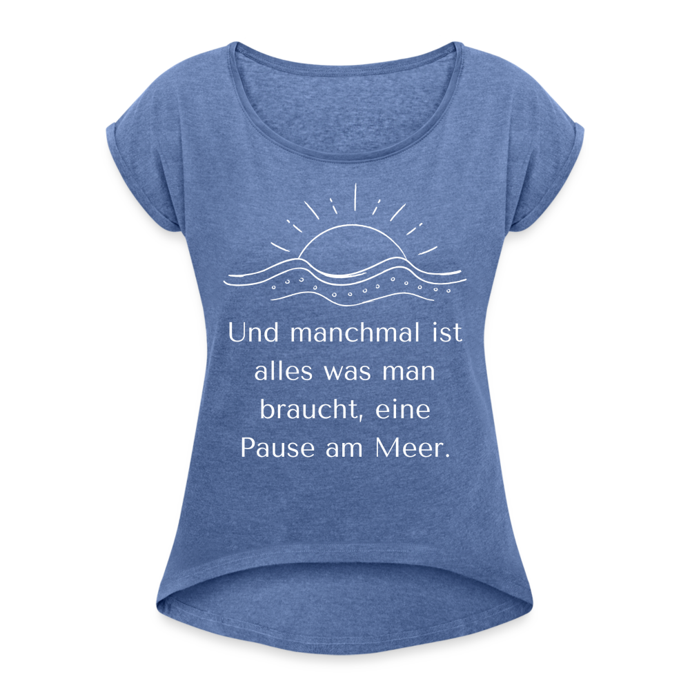 Frauen T-Shirt mit gerollten Ärmeln - Pause am Meer - Denim meliert