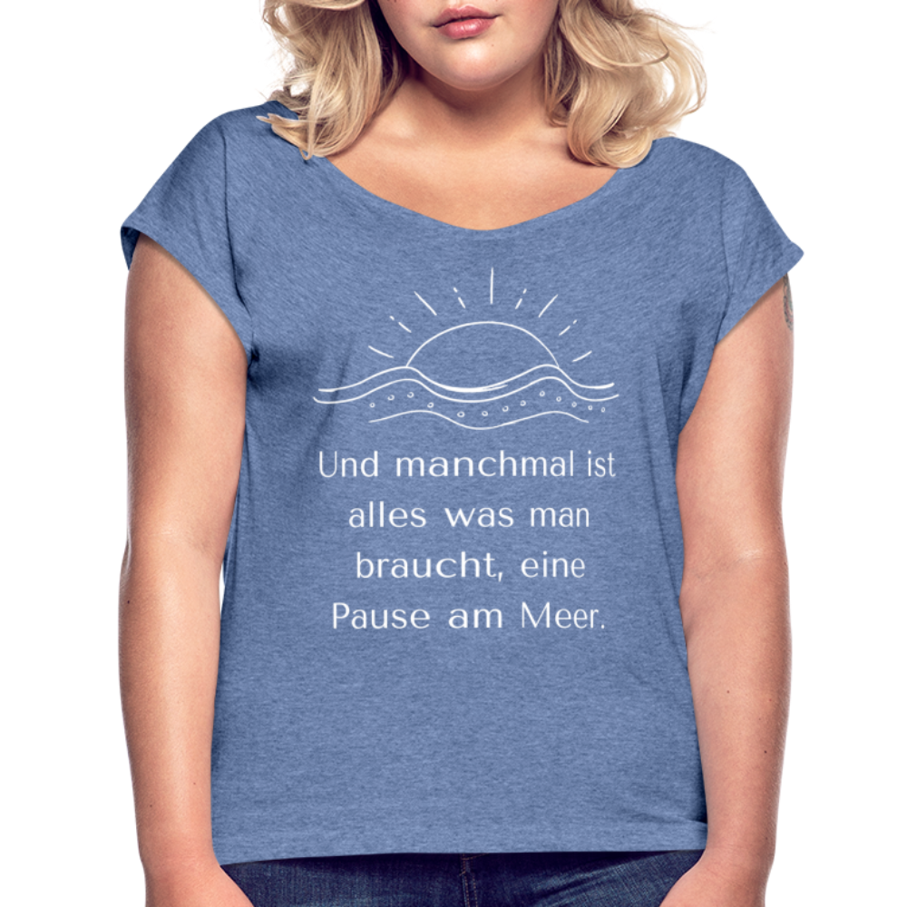 Frauen T-Shirt mit gerollten Ärmeln - Pause am Meer - Denim meliert