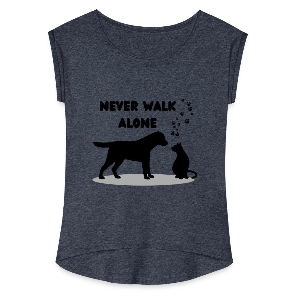 Frauen T-Shirt mit gerollten Ärmeln - Never walk alone - Navy meliert