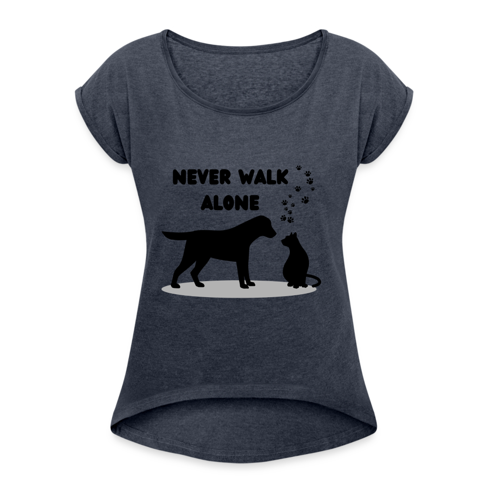 Frauen T-Shirt mit gerollten Ärmeln - Never walk alone - Navy meliert