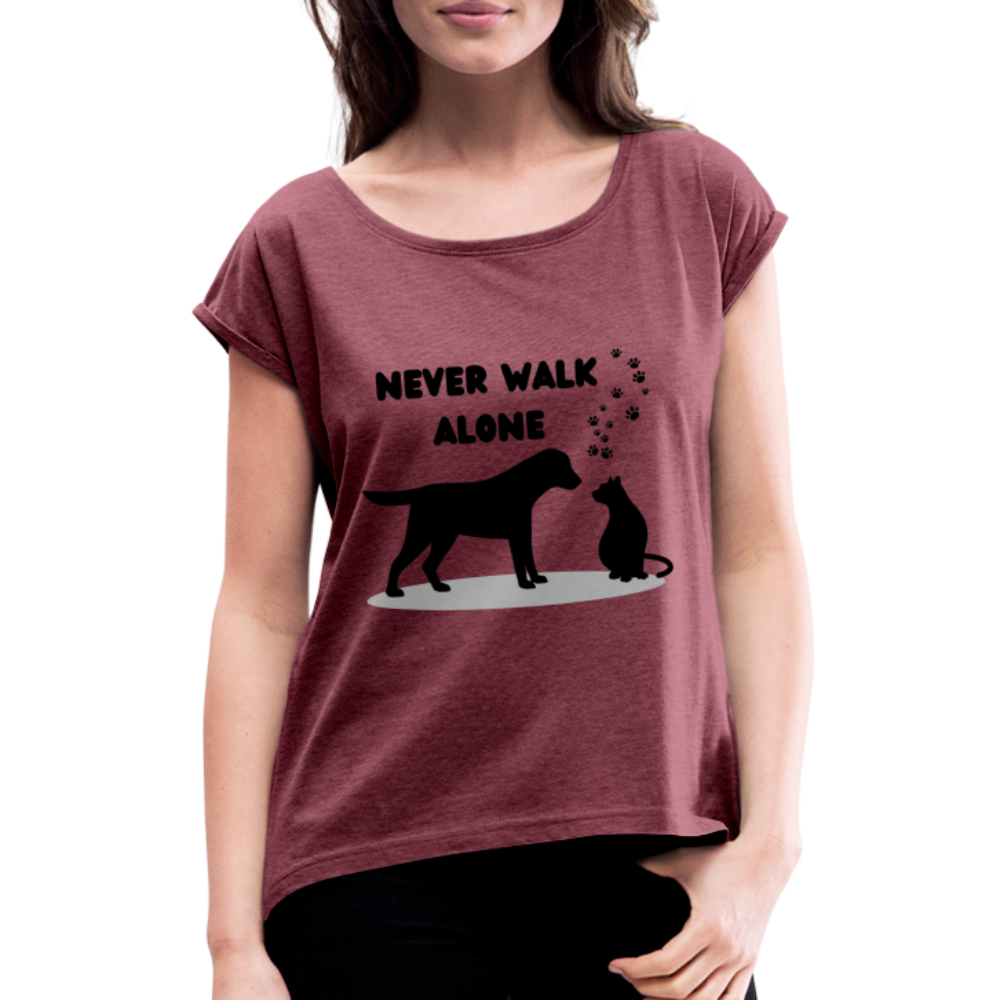 Frauen T-Shirt mit gerollten Ärmeln - Never walk alone - Bordeauxrot meliert