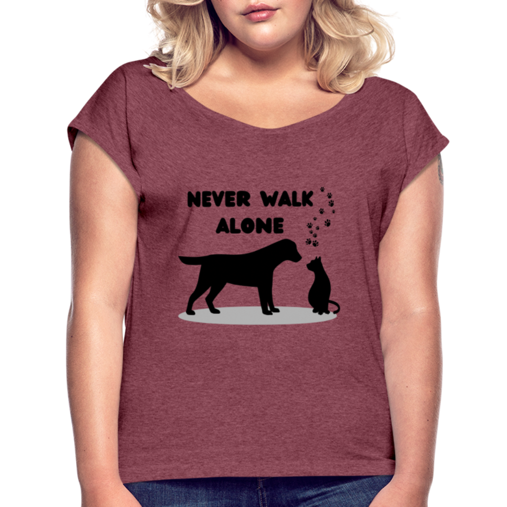 Frauen T-Shirt mit gerollten Ärmeln - Never walk alone - Bordeauxrot meliert