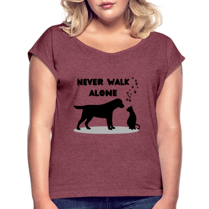 Frauen T-Shirt mit gerollten Ärmeln - Never walk alone - Bordeauxrot meliert