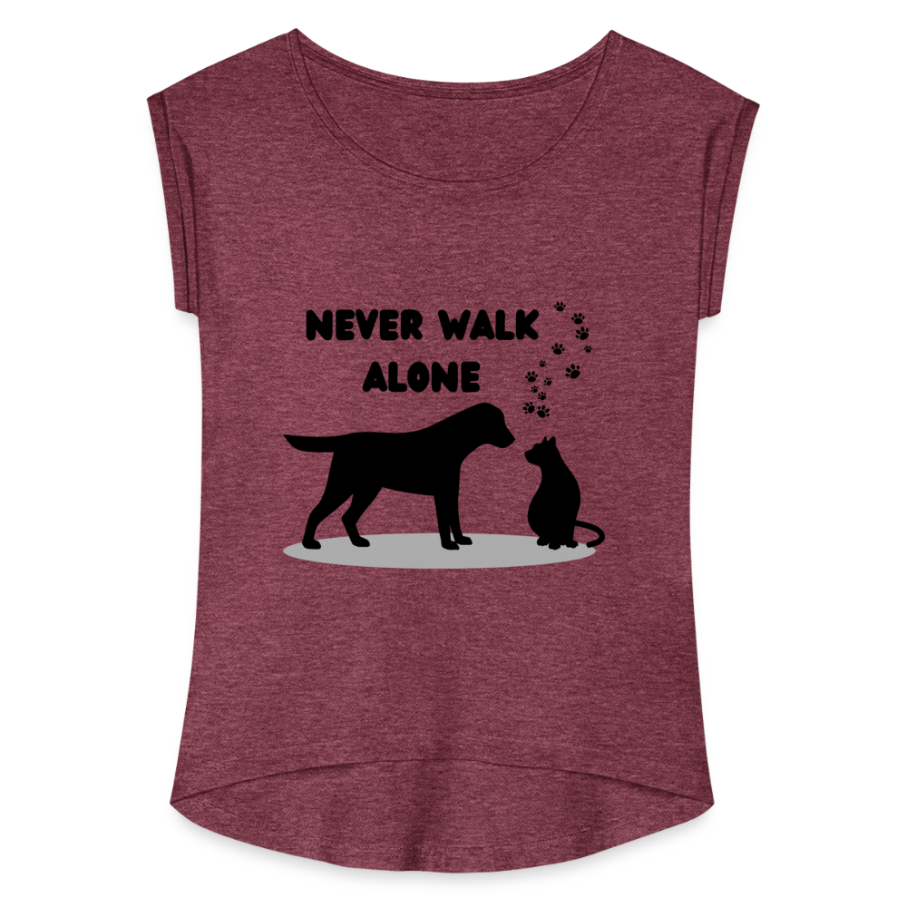 Frauen T-Shirt mit gerollten Ärmeln - Never walk alone - Bordeauxrot meliert