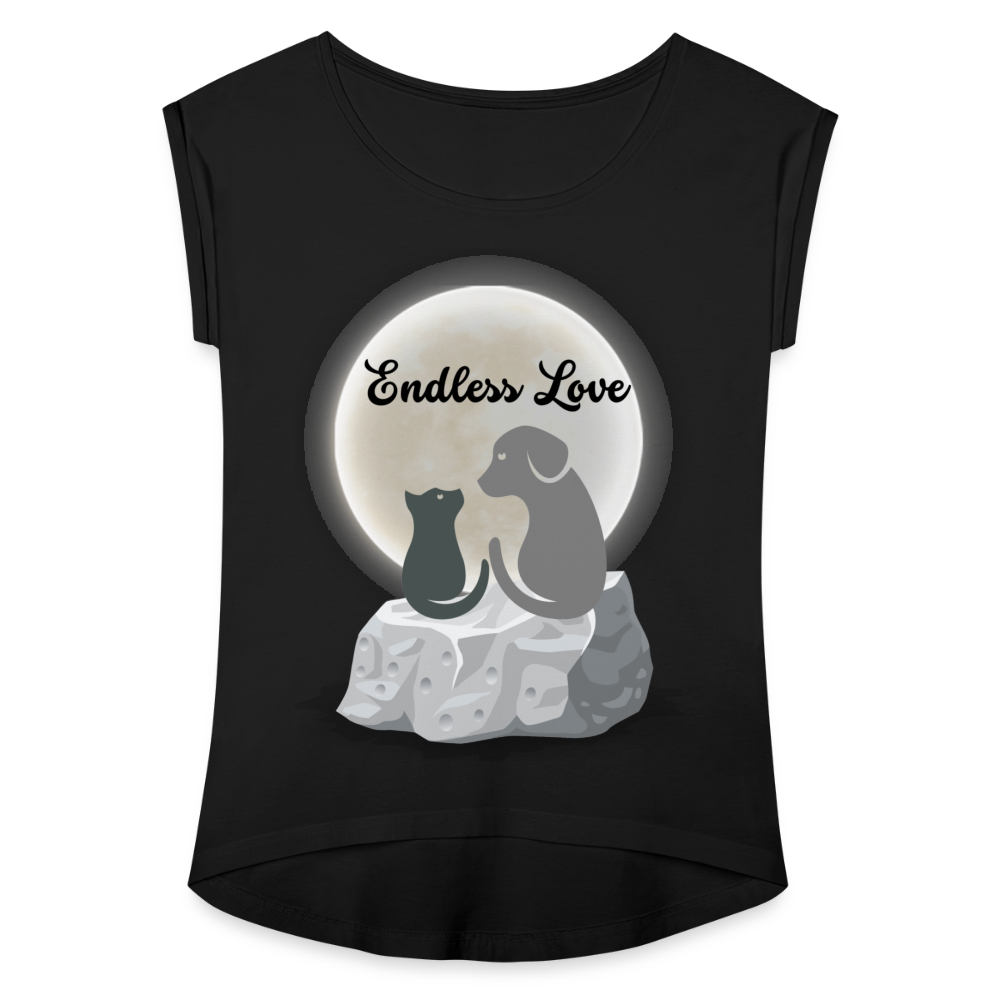 Frauen T-Shirt mit gerollten Ärmeln - Endless Love - Schwarz