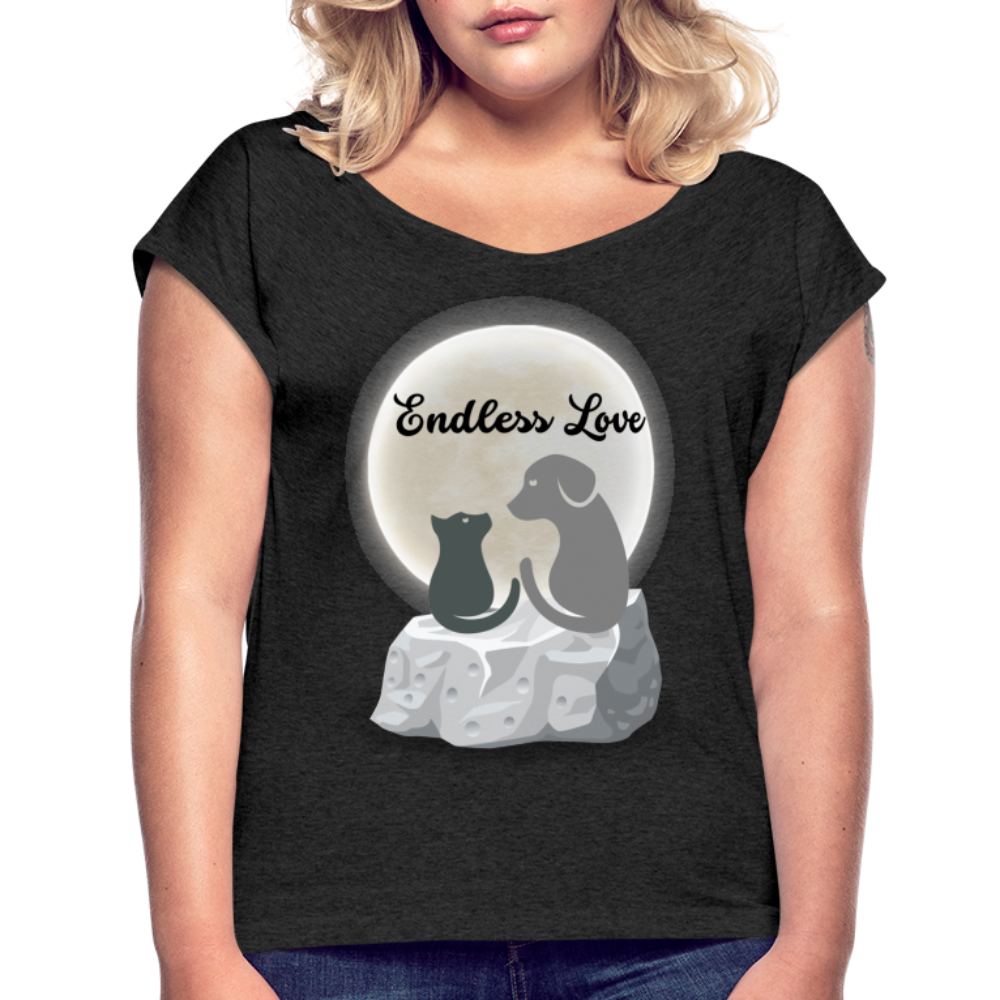 Frauen T-Shirt mit gerollten Ärmeln - Endless Love - Schwarz meliert