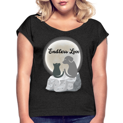 Frauen T-Shirt mit gerollten Ärmeln - Endless Love - Schwarz meliert