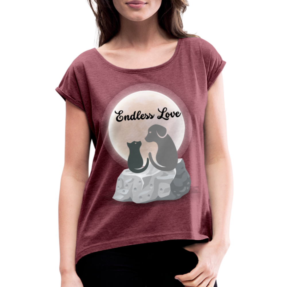 Frauen T-Shirt mit gerollten Ärmeln - Endless Love - Bordeauxrot meliert