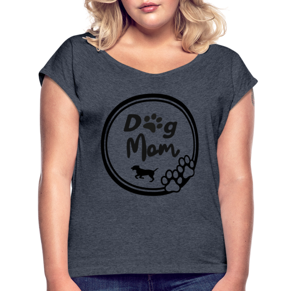 Frauen T-Shirt mit gerollten Ärmeln - Dog Mom - Navy meliert