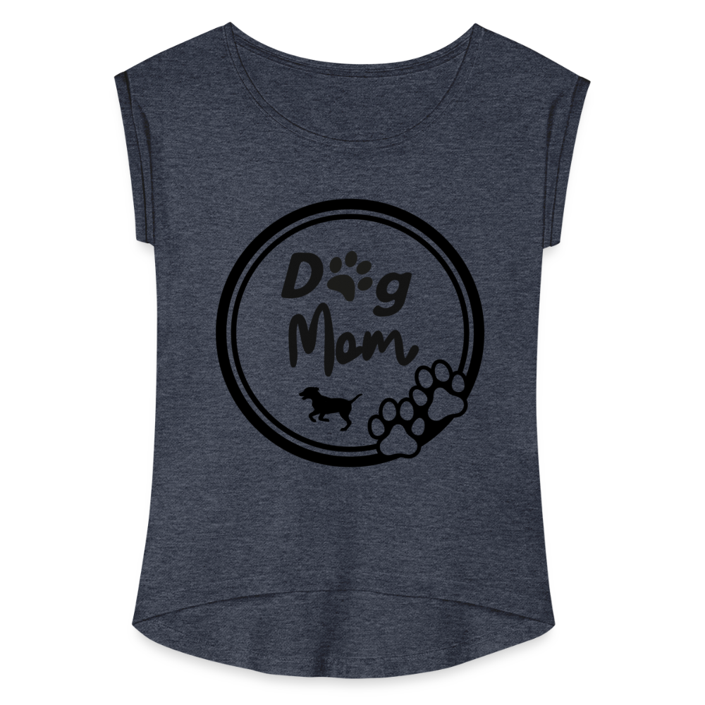 Frauen T-Shirt mit gerollten Ärmeln - Dog Mom - Navy meliert