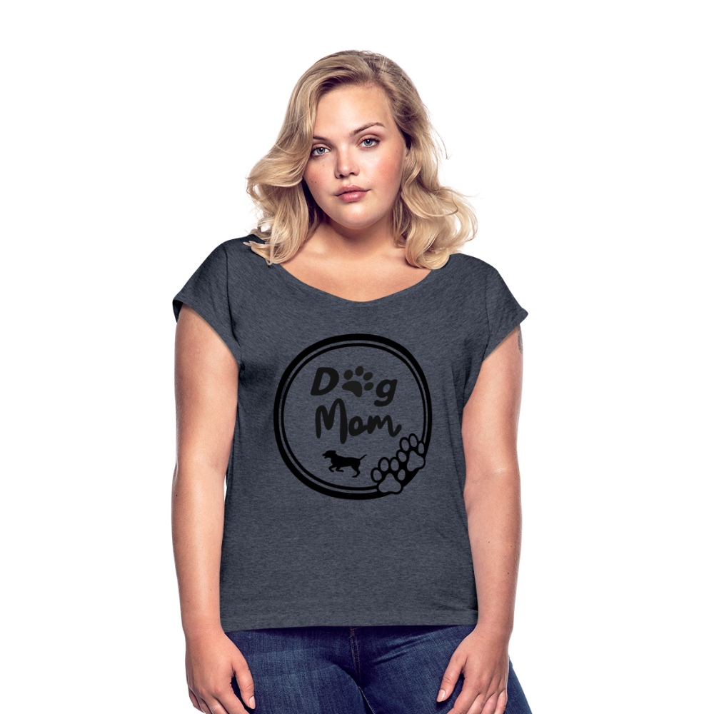 Frauen T-Shirt mit gerollten Ärmeln - Dog Mom - Navy meliert