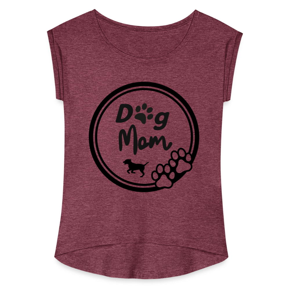 Frauen T-Shirt mit gerollten Ärmeln - Dog Mom - Bordeauxrot meliert