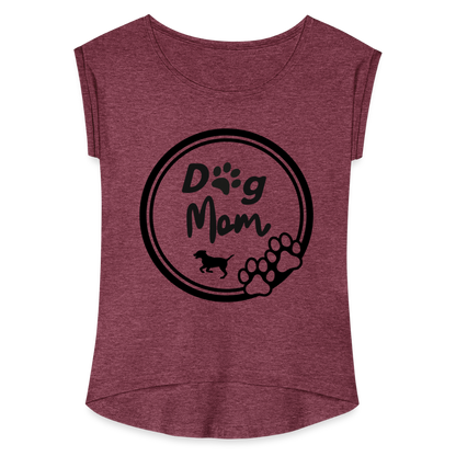 Frauen T-Shirt mit gerollten Ärmeln - Dog Mom - Bordeauxrot meliert