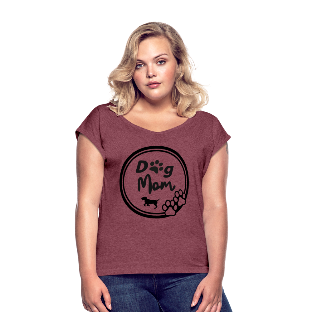 Frauen T-Shirt mit gerollten Ärmeln - Dog Mom - Bordeauxrot meliert