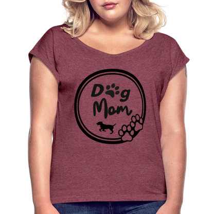 Frauen T-Shirt mit gerollten Ärmeln - Dog Mom - Bordeauxrot meliert