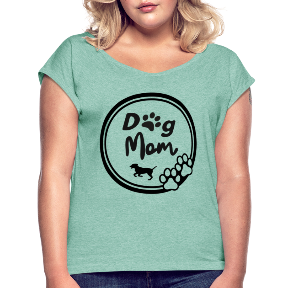 Frauen T-Shirt mit gerollten Ärmeln - Dog Mom - Minze meliert