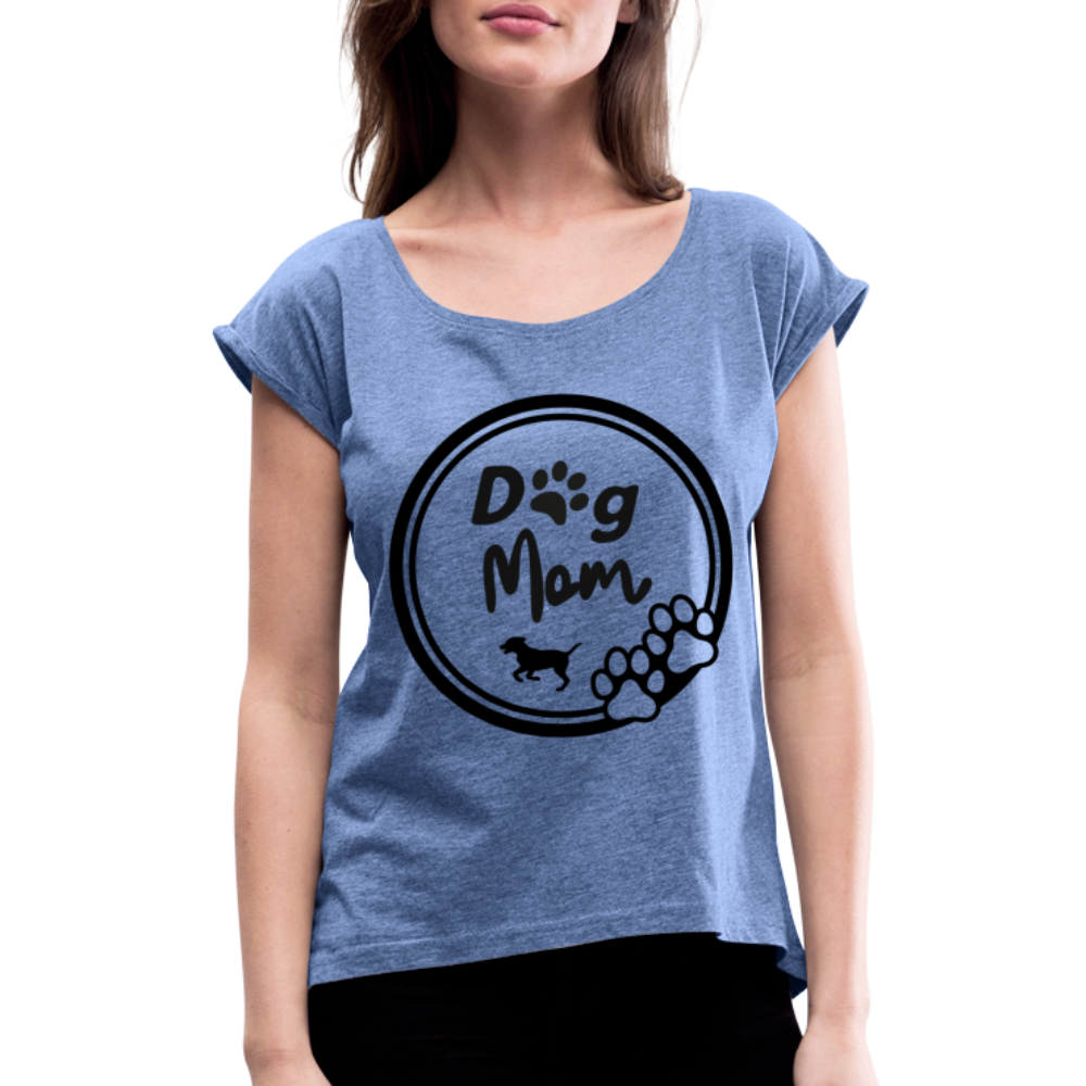 Frauen T-Shirt mit gerollten Ärmeln - Dog Mom - Denim meliert