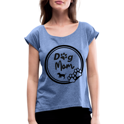 Frauen T-Shirt mit gerollten Ärmeln - Dog Mom - Denim meliert