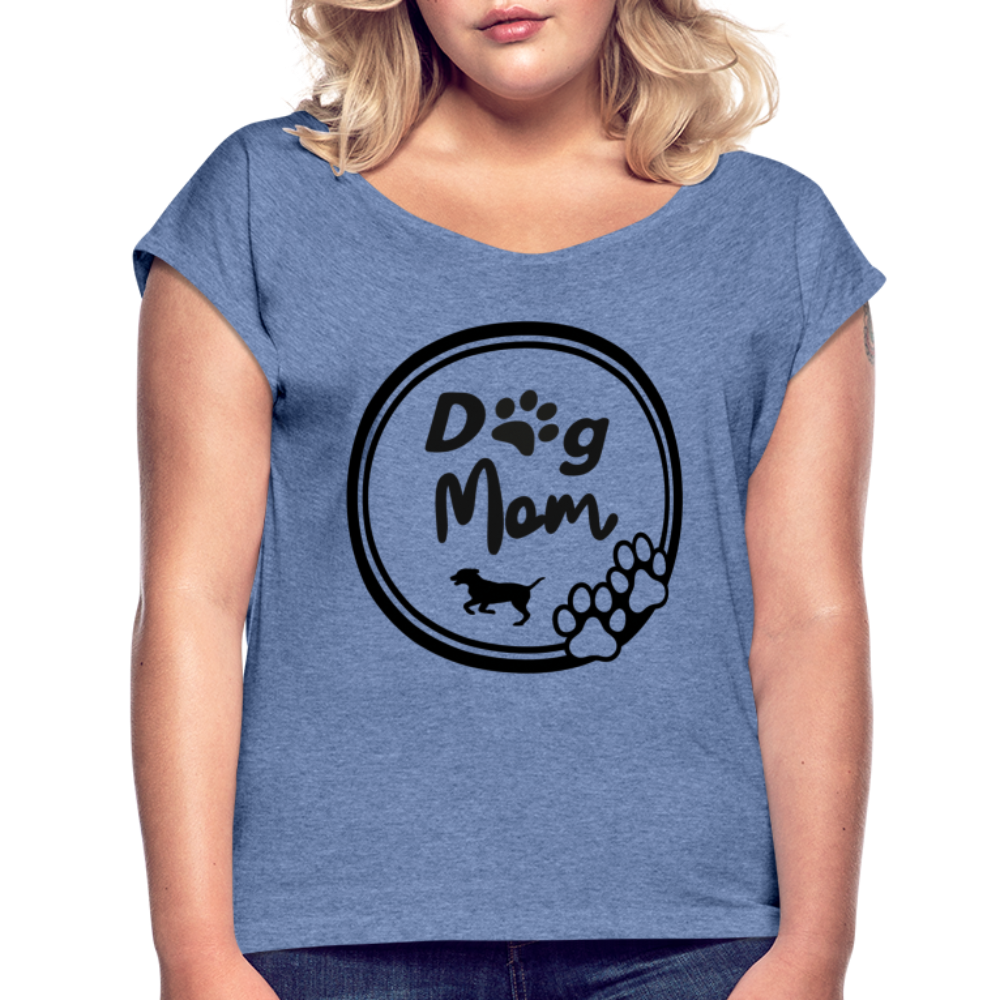 Frauen T-Shirt mit gerollten Ärmeln - Dog Mom - Denim meliert