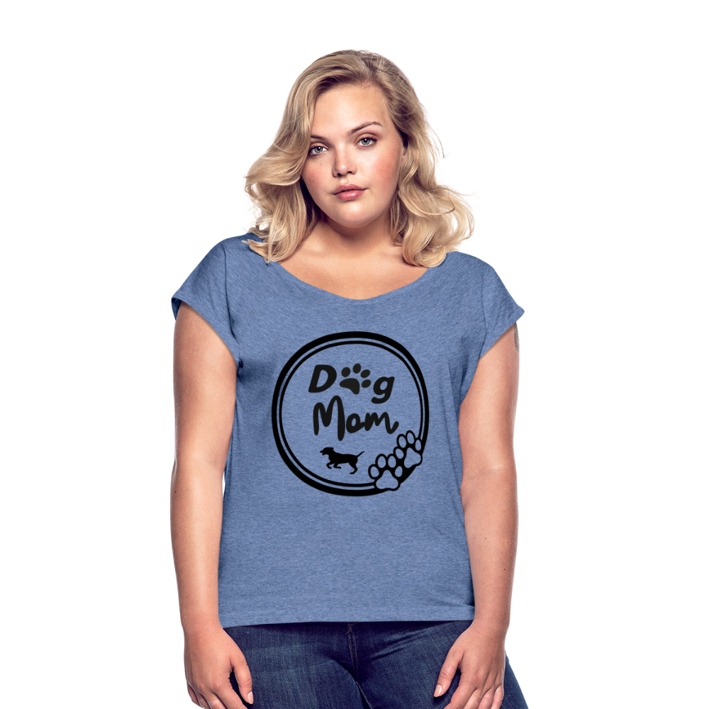 Frauen T-Shirt mit gerollten Ärmeln - Dog Mom - Denim meliert