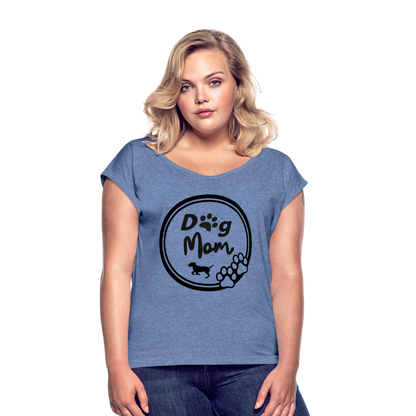 Frauen T-Shirt mit gerollten Ärmeln - Dog Mom - Denim meliert