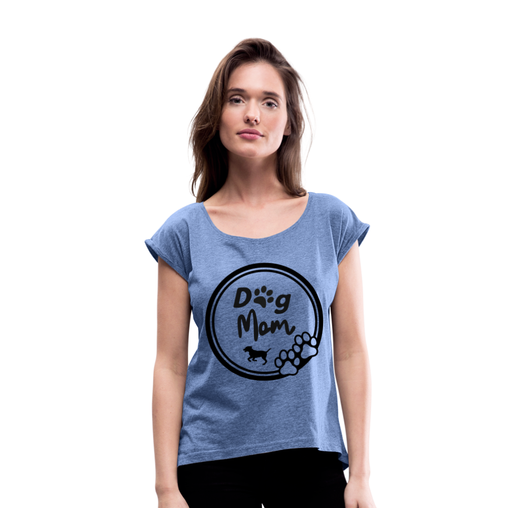 Frauen T-Shirt mit gerollten Ärmeln - Dog Mom - Denim meliert