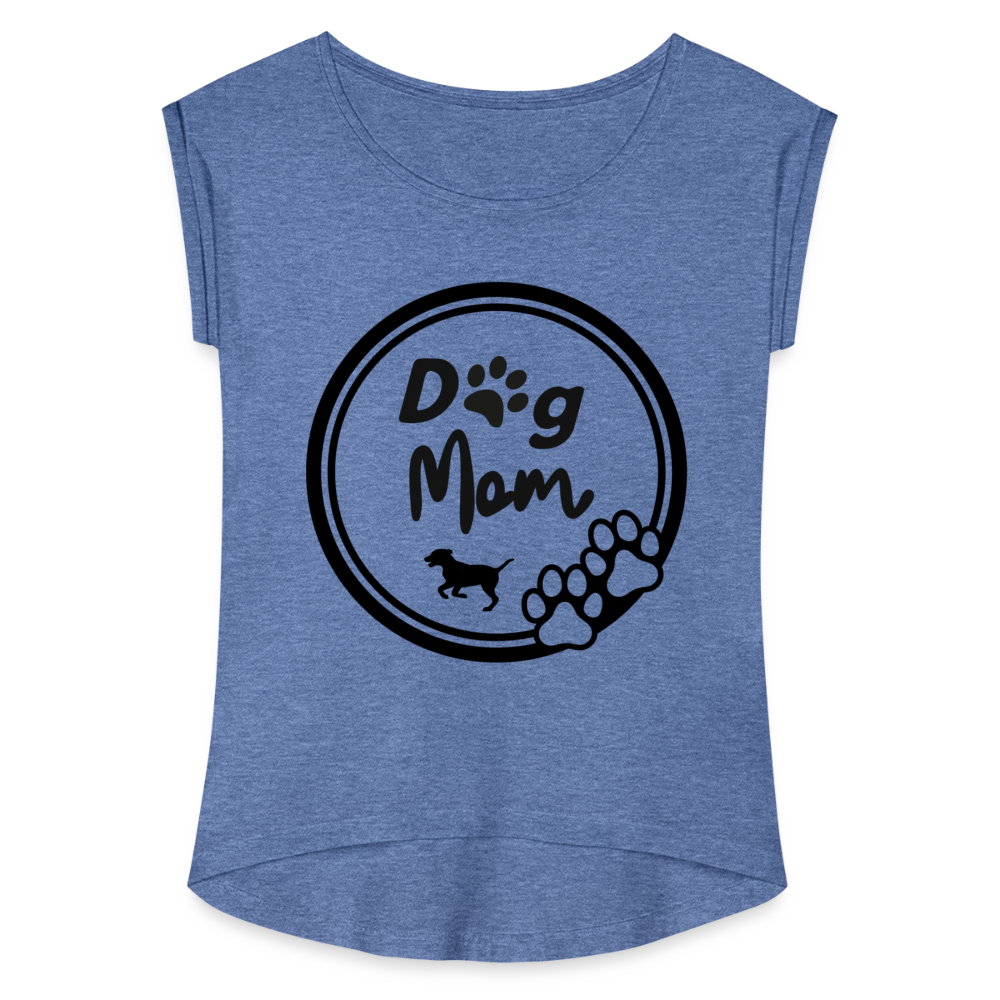 Frauen T-Shirt mit gerollten Ärmeln - Dog Mom - Denim meliert