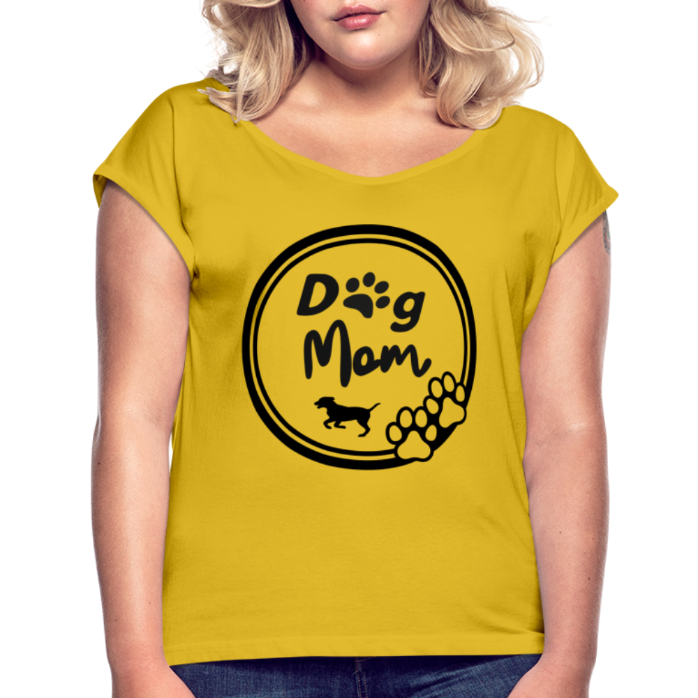 Frauen T-Shirt mit gerollten Ärmeln - Dog Mom - Senfgelb